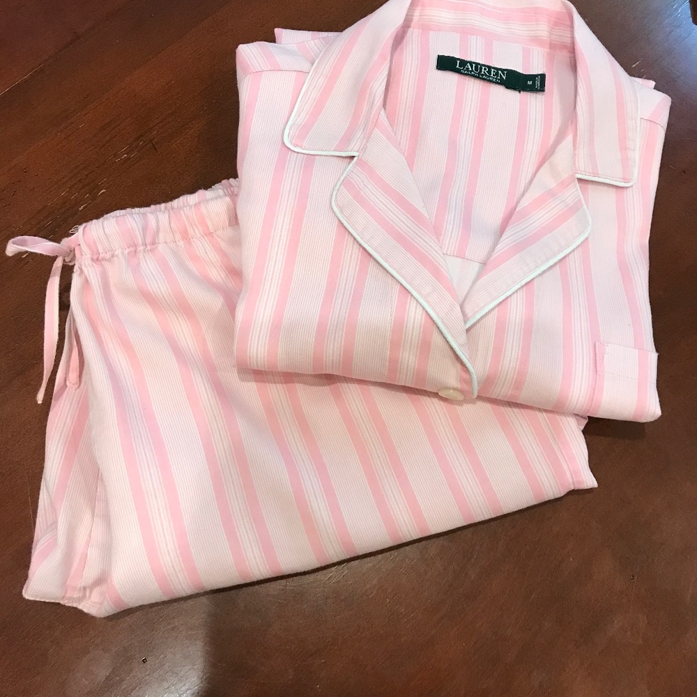 Ralph Lauren cotton pajama bottom pink and white striped logo pocket